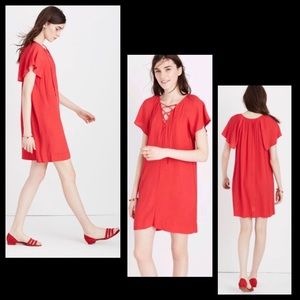 Madewell Cherry Red Lace-Up Flutter Sleeve Mini Dress